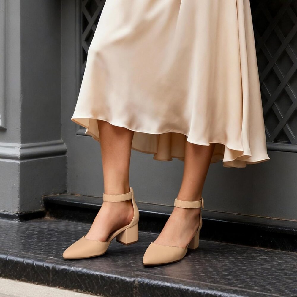 Women's Nude/Nubuck Pointed Toe Heels with Ankle Strap and 2.25 Inch Block Heel - Picture 3 of 6